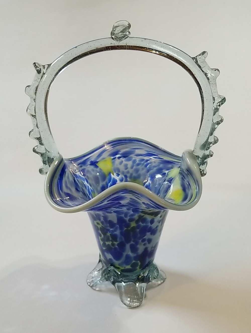 Vintage Murano-Style Art Glass Basket Vase Blue Yellow White Splatters Swrils